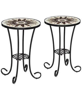 Sunburst Rustic Black Metal Round Outdoor Accent Side Tables 14" Wide Set of 2 Brown Mosaic Tile Tabletop Gracefully Curved Legs for Spaces Porch Pati