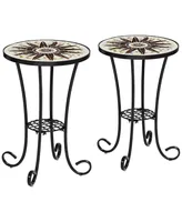 Sunburst Rustic Black Metal Round Outdoor Accent Side Tables 14" Wide Set of 2 Brown Mosaic Tile Tabletop Gracefully Curved Legs for Spaces Porch Pati