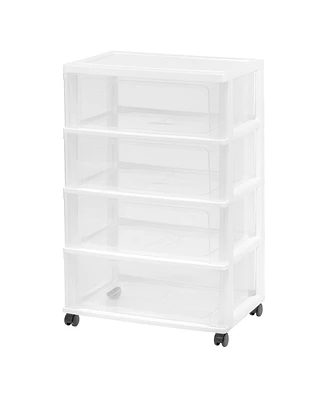 Iris Usa Plastic 4 Drawer Wide Storage Cart with 4 Caster Wheels, White