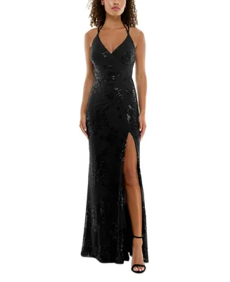 Speechless Juniors' Embroidered Sequin Mesh Lace-Up Back Gown