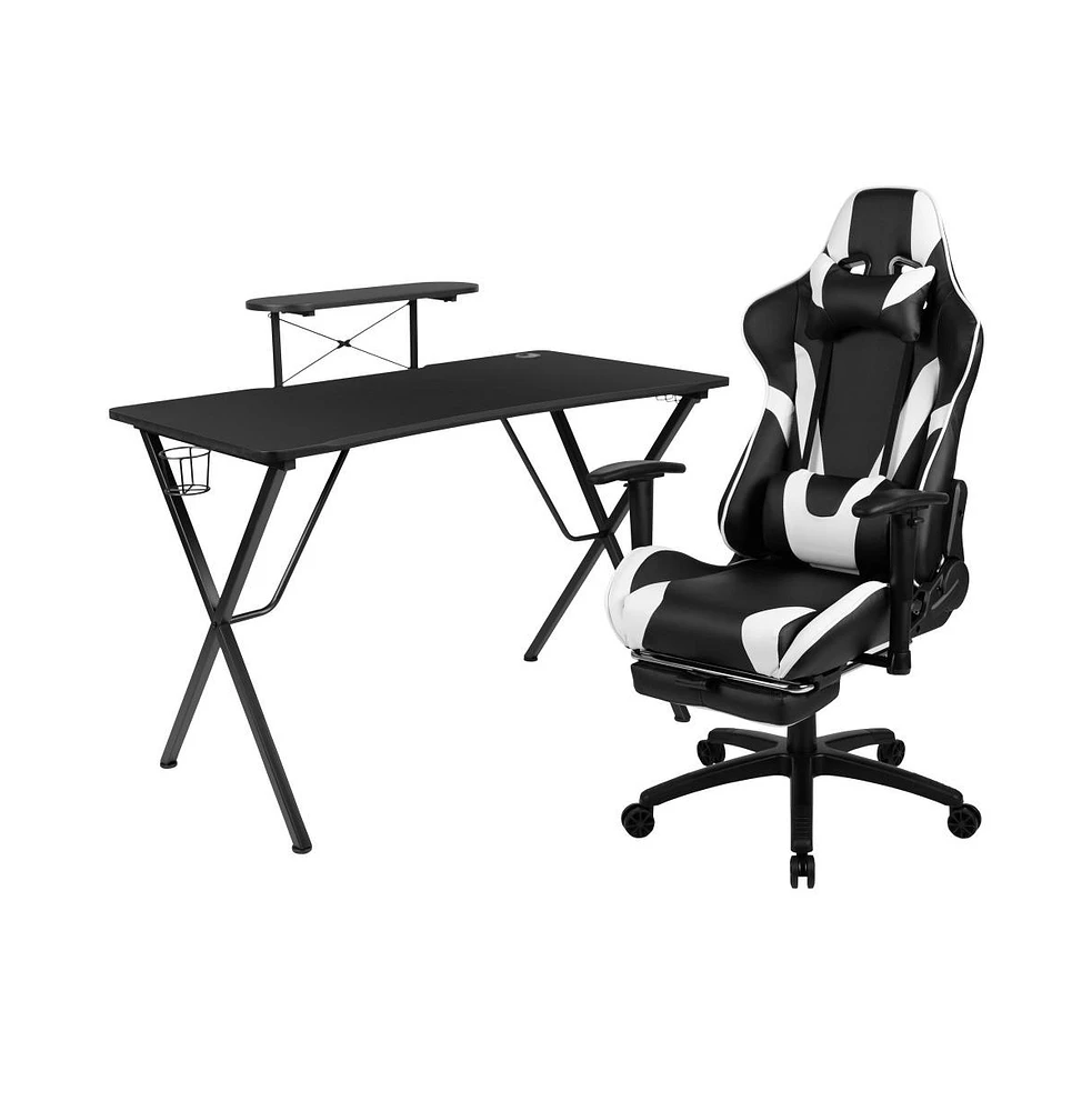 Emma+Oliver Gaming Desk & Chair Set - Cup Holder, Headphone Hook, And Monitor Stand