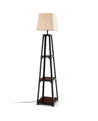 Trapezoidal Designed Floor Lamp with 3 Tiered Storage Shelf - Brown