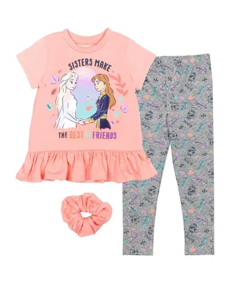 Disney Frozen Elsa Princess Anna Girls Peplum T-Shirt Leggings and Scrunchie 3 Piece Outfit Set Frozen, Light Pink
