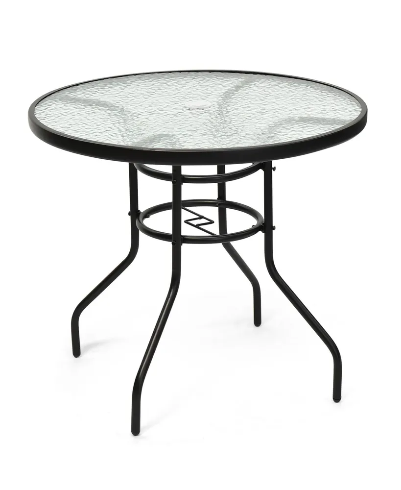 32 Inch Patio Tempered Glass Steel Frame Round Table with Convenient Umbrella Hole