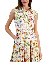 T Tahari Women's Floral Printed Linen-Blend Belted Fit & Flare Midi Dress