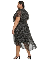 Dkny Plus Dot-Print Crinkle-Chiffon Smocked Midi Dress