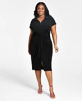 Nina Parker Trendy Plus Tie-Front Ruched Shirtdress