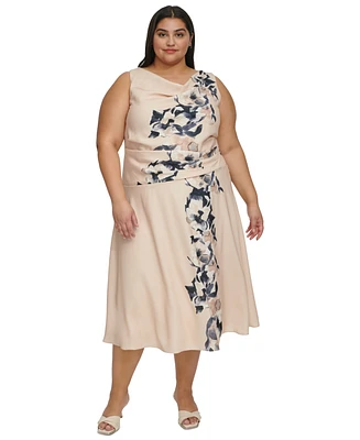 Dkny Plus Cowlneck Cascading-Floral Midi Dress