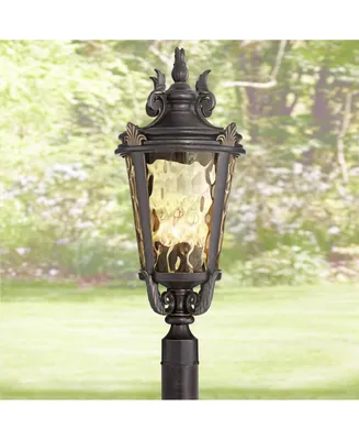 Casa Marseille European Outdoor Post Light Fixture Bronze Scroll 28" Hammered Glass for Exterior House Porch Patio Outside Deck Garage Yard Garden Dri