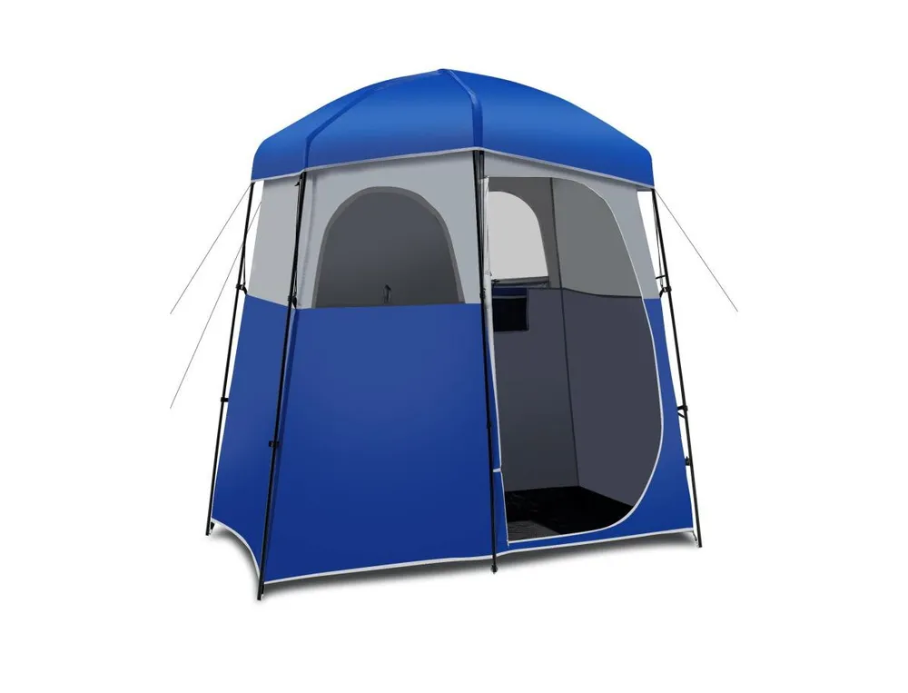 Double-Room Camping Toilet Tent with Floor and Portable Storage Bag-Blue