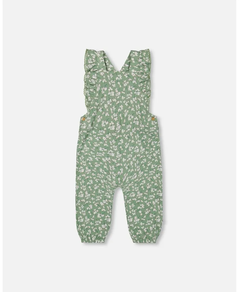 Girl Muslin Printed Overall Green Jasmine Flower Print