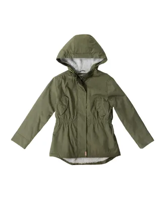 Bear paw Little Girls Army Green Fuzzy Sherpa Lined Twill Coat with Hood
