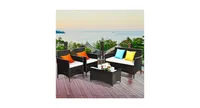 4 pcs Patio Garden Rattan Furniture Set Coffee Table Cushioned Sofa