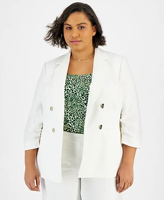 Bar Iii Plus Scrunch-Sleeve Linen-Blend Open-Front Blazer, Created for Macy's