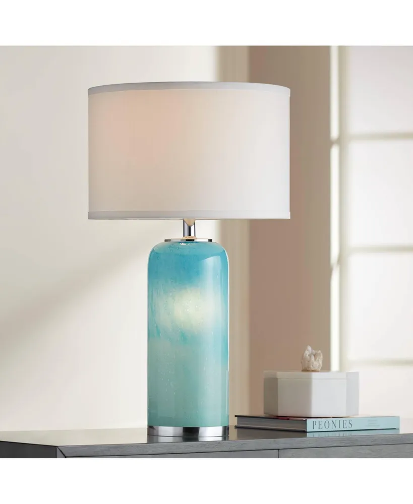 Nimbus Modern Accent Table Lamp 22" High with Led Nightlight Blue Art Glass Column White Drum Shade for Bedroom Living Room House Home Bedside Nightst