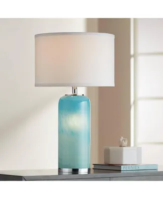 Nimbus Modern Accent Table Lamp 22" High with Led Nightlight Blue Art Glass Column White Drum Shade for Bedroom Living Room House Home Bedside Nightst