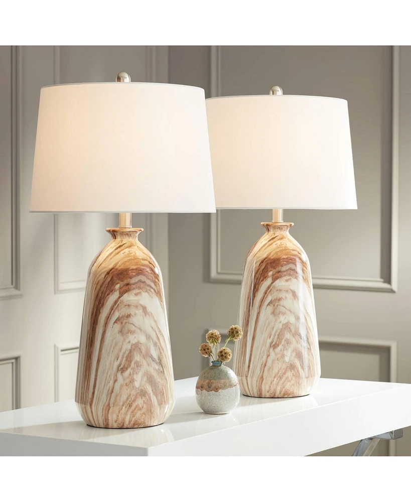 Carlton Modern Rustic Southwestern Table Lamps 28" Tall Set of 2 Swirling Brown Faux Marble White Tapered Drum Shades for Living Room Bedroom House Be