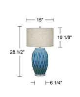 Selena Modern Table Lamp 28 1/2" Tall Green Blue Glaze Ceramic Grooved Lines Pattern Oatmeal Fabric Drum Shade for Living Room Bedroom House Bedside N