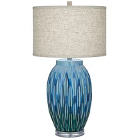 Selena Modern Table Lamp 28 1/2" Tall Green Blue Glaze Ceramic Grooved Lines Pattern Oatmeal Fabric Drum Shade for Living Room Bedroom House Bedside N