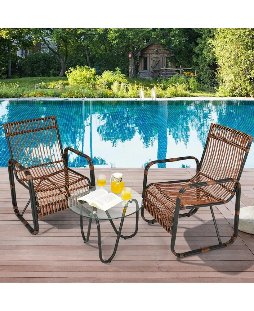 3 Pieces Patio Rattan Furniture Set with 2 Single Wicker Chairs and Glass Side Table - Brown