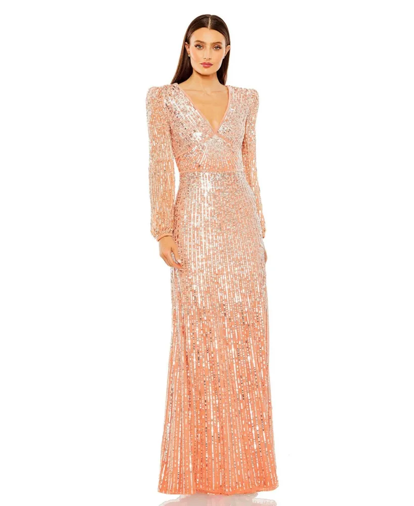 Women's V Neck Empire Waist Puff Shoulder Sequin Embellished Gown