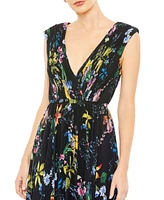 Women's Pleated Floral Cap Sleeve A Line Gown