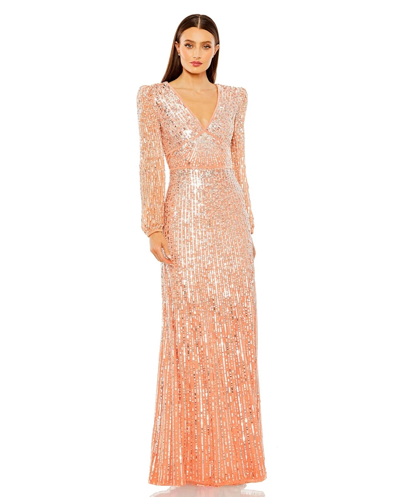 Women's V Neck Empire Waist Puff Shoulder Sequin Embellished Gown