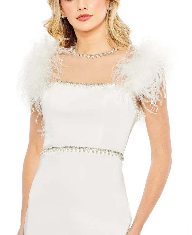 Women's Feather Cap Sleeve Pearl Embellished T-Length Fit Dress