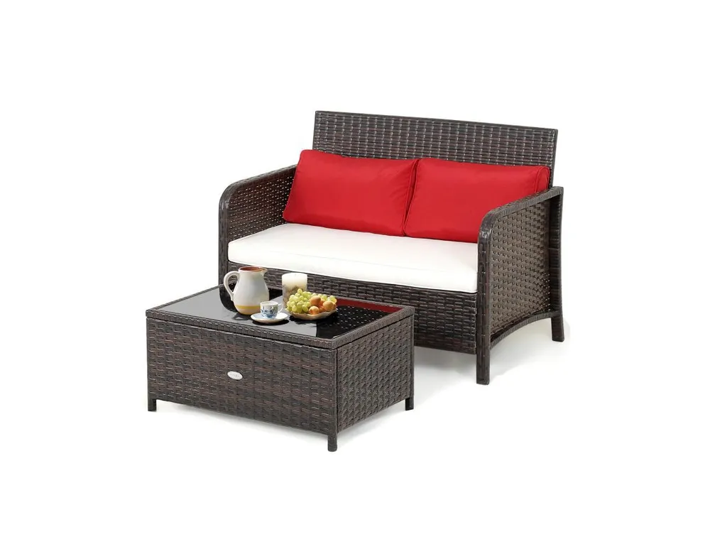 2 Pieces Wicker Loveseat Set with Coffee Table