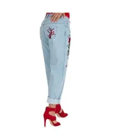 Women's Curvy Fit Light Wash Dragon Embroidered Mom Jeans