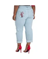 Women's Plus Size Curvy Fit Light Wash Dragon Embroidered Boyfriend Jeans