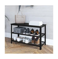 Solid Pine Wood 3-Tier Entryway Shoe Rack Bench With Metal Mesh Shelves, For Entryway, Mudroom, Or Bedroom, And More!