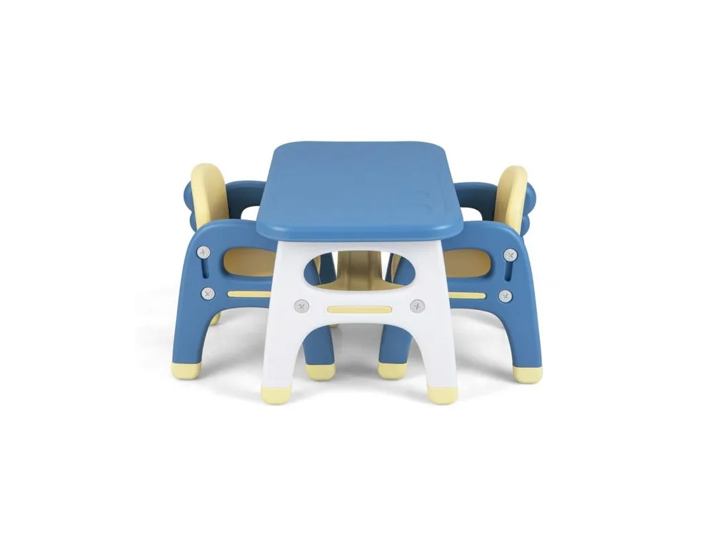 Kids Table and 2 Chairs Set with Storage Shelf and Building Blocks-Blue