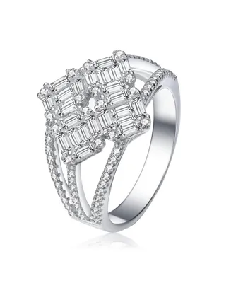 Sterling Silver with White Gold Plated Triple Split Shank Clear Baguette Round Cubic Zirconia Ring