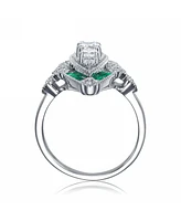 Sterling Silver White Gold Plated Green Baguette and Round Cubic Zirconia Classic Ring