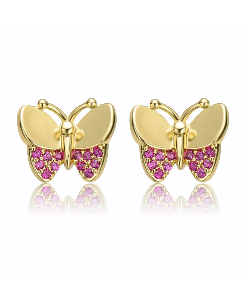 Children's 14k Gold Plated with Ruby Cubic Zirconia Pave Butterfly Stud Earrings
