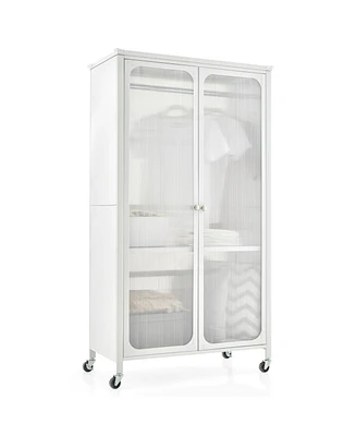 Rolling Storage Armoire Closet with Hanging Rod and Adjustable Shelf-White