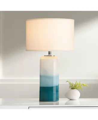 Roxanne Modern Coastal Table Lamp with Nightlight Led 25" High Blue Art Glass Column White Drum Shade Decor for Living Room Bedroom House Bedside Home