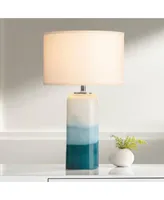 Roxanne Modern Coastal Table Lamp with Nightlight Led 25" High Blue Art Glass Column White Drum Shade Decor for Living Room Bedroom House Bedside Home