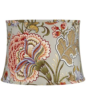Sage Green with Flower Print Medium Drum Lamp Shade 14" Top x 16" Bottom x 11.5" High (Spider) Replacement with Harp and Finial - Springcrest - Multi