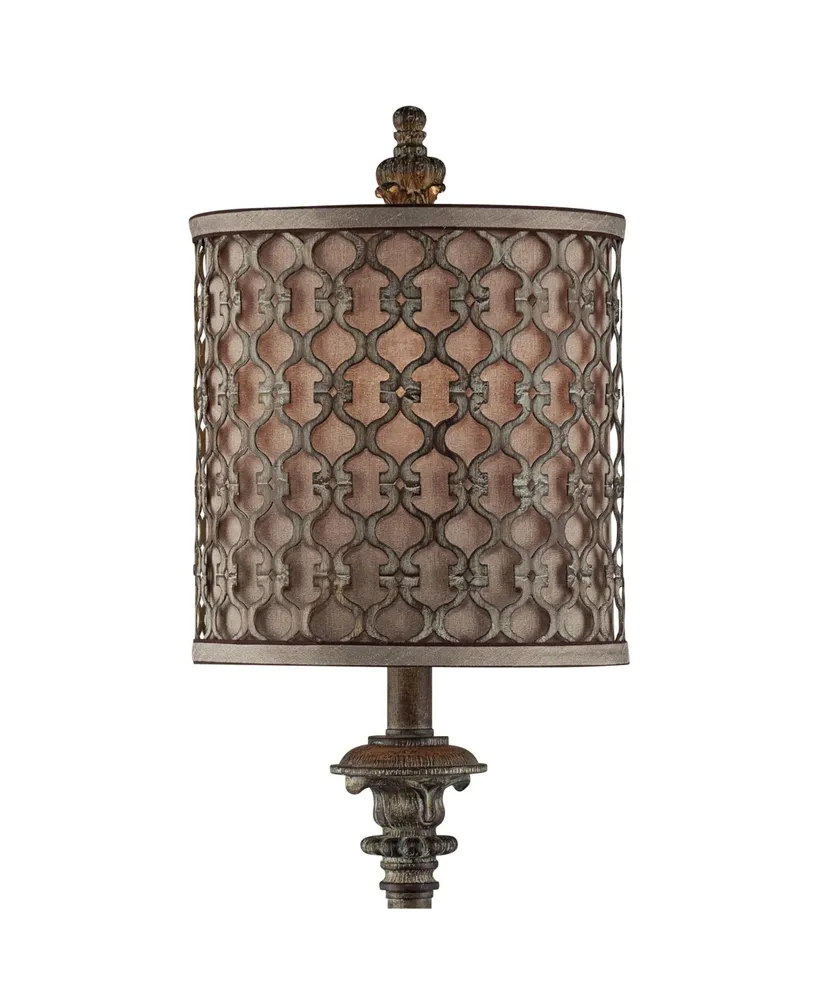 Traditional French Country Style Tall Skinny Buffet Table Lamp Beige Scroll Metal Lattice Candlestick Framed Cylinder Drum Shade Decor for Living Room