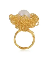 Unique Sterling Silver 14K Gold Plated 14MM Genuine Freshwater Pearl Ring