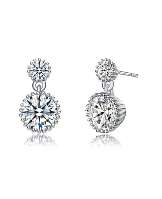 White Gold Plated with Cubic Zirconia Two-Stone Milgrain Dangle Drop Earrings