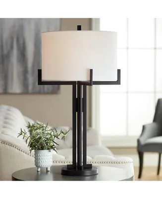 Idira Modern Industrial Minimalist Style Table Lamp 31.5" Tall Black Metal White Drum Shade Decor for Living Room Bedroom House Bedside Nightstand Hom