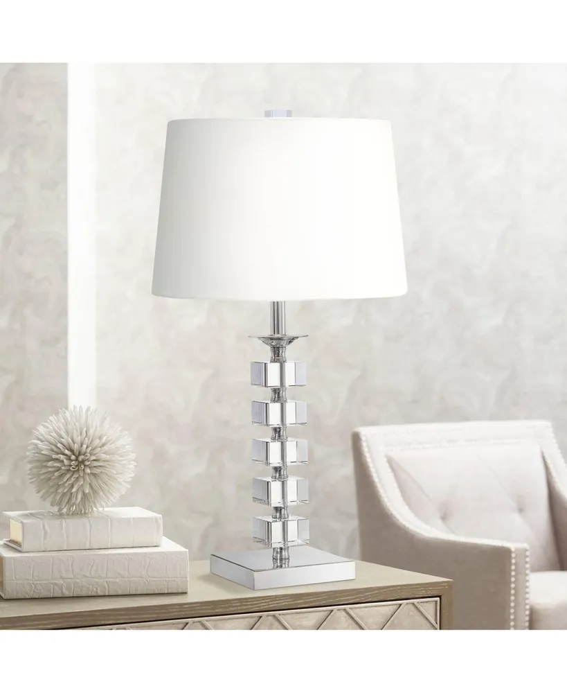 Modern Table Lamp 25" High Clear Stacked Cubes Crystal White Fabric Tapered Drum Shade Decor for Bedroom Living Room House Home Bedside Nightstand Off