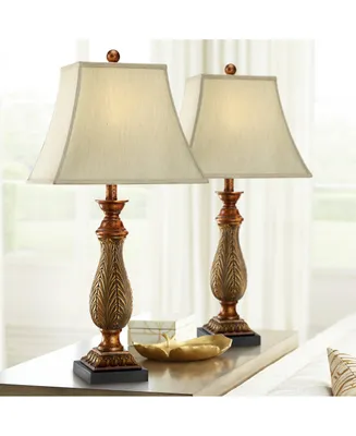 Traditional Style Table Lamps 29" Tall Set of 2 Two Tone Gold Brown Leaf Linen Rectangular Bell Fabric Shade Decor for Living Room Bedroom House Bedsi