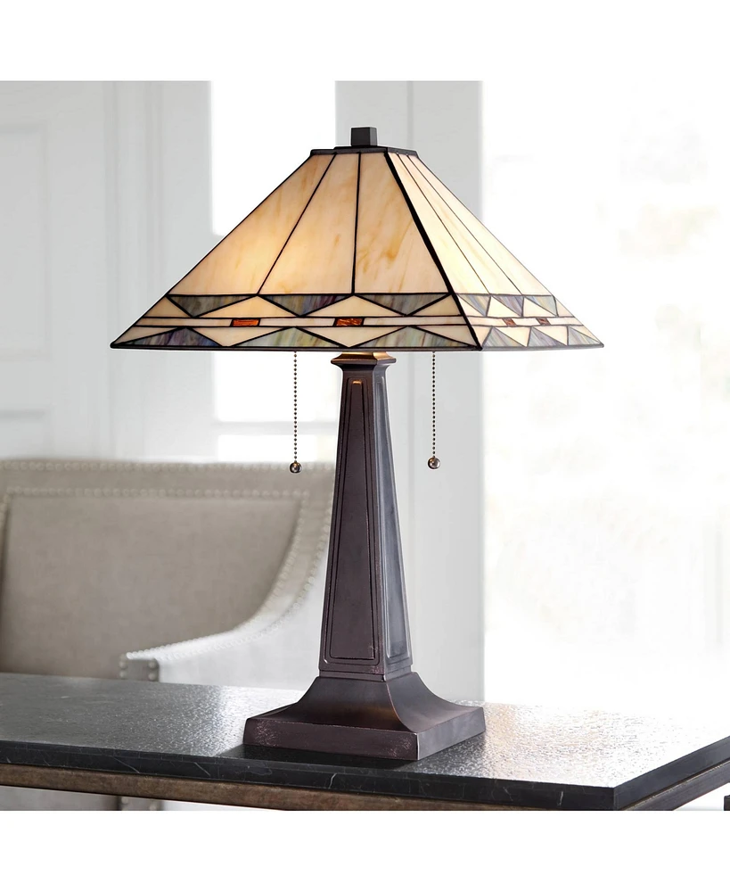 Art Deco Tiffany Style Accent Table Lamp 21.5" High Mission Bronze Brown Antique Cream Amber Stained Glass Shade Decor for Living Room Bedroom House B