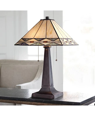 Art Deco Tiffany Style Accent Table Lamp 21.5" High Mission Bronze Brown Antique Cream Amber Stained Glass Shade Decor for Living Room Bedroom House B