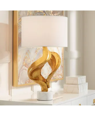 Hera Modern Glam Luxury Table Lamp Decor 31" Tall Sculptural Gold Leaf White Fabric Drum Shade Marble Base for Living Room Bedroom House Bedside Night
