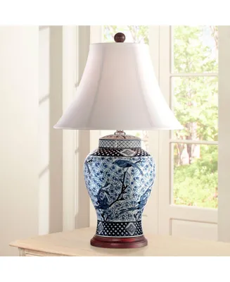 Shonna Asian Chinese Ginger Jar Table Lamp 27" Tall Porcelain Blue White Bird and Branch Bell Shade Decor for Living Room Bedroom House Bedside Nights